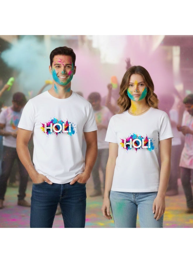 BrainGiggles Happy Holi T Shirt for Men & Women | White Round Neck Unisex Holi T-shirt for Adults | Festival of Colors Graphic Tee, Unisex Crew Neck Short Sleeve Holi Party Outfit - Image 1